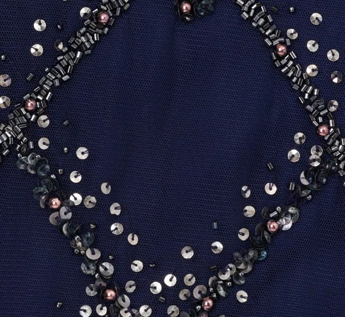 Long Dresses Womens Adrianna Papell HandBeaded Blouson Long Gown With Flutter Sleeves In Light Navy