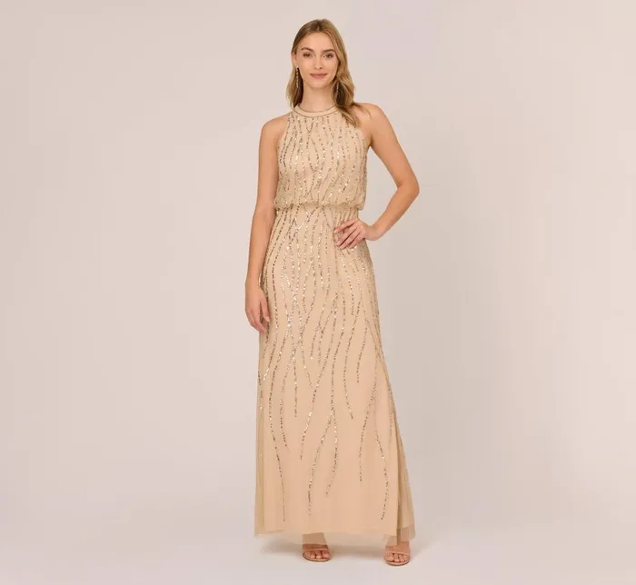 Long Dresses Womens Adrianna Papell HandBeaded Halter Blouson Long Gown In Nude