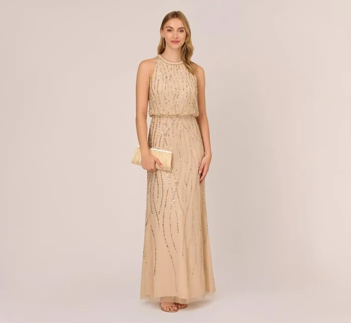 Long Dresses Womens Adrianna Papell HandBeaded Halter Blouson Long Gown In Nude