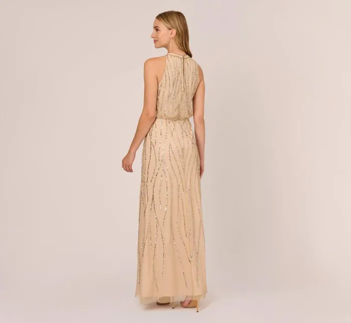 Long Dresses Womens Adrianna Papell HandBeaded Halter Blouson Long Gown In Nude
