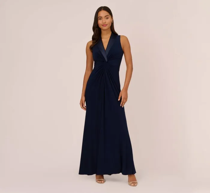 Long Dresses Womens Adrianna Papell Matte Jersey Twist Front Tuxedo Long Gown In Midnight
