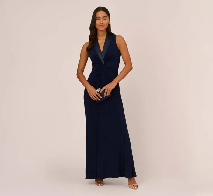 Long Dresses Womens Adrianna Papell Matte Jersey Twist Front Tuxedo Long Gown In Midnight