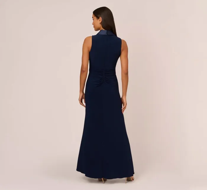 Long Dresses Womens Adrianna Papell Matte Jersey Twist Front Tuxedo Long Gown In Midnight