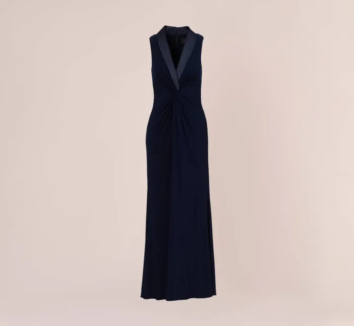 Long Dresses Womens Adrianna Papell Matte Jersey Twist Front Tuxedo Long Gown In Midnight