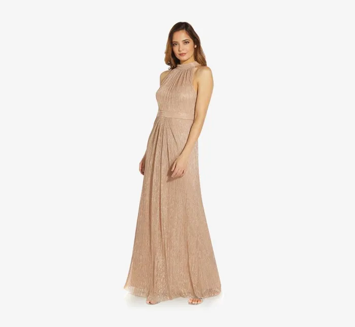 Long Dresses Womens Adrianna Papell Metallic Knit Halter Long Gown In Champagne Gold