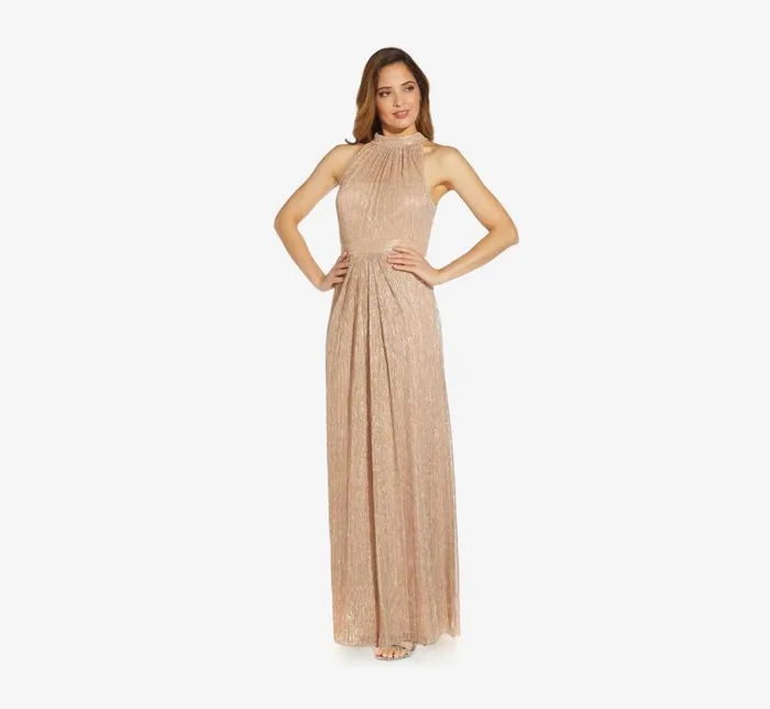 Long Dresses Womens Adrianna Papell Metallic Knit Halter Long Gown In Champagne Gold