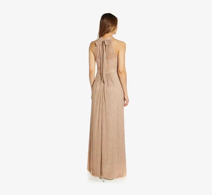 Long Dresses Womens Adrianna Papell Metallic Knit Halter Long Gown In Champagne Gold