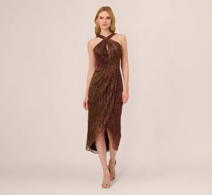 Long Dresses Womens Adrianna Papell Metallic Knit Halter Midi Dress With Wrap Skirt In Copper