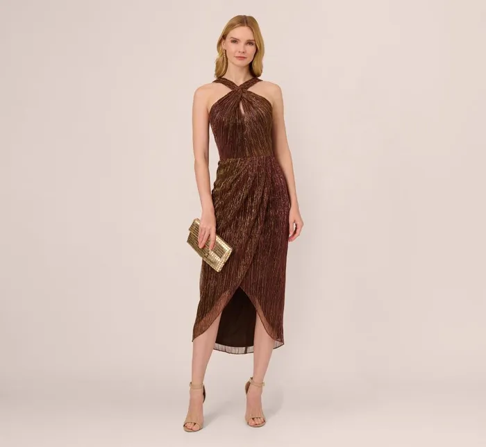 Long Dresses Womens Adrianna Papell Metallic Knit Halter Midi Dress With Wrap Skirt In Copper