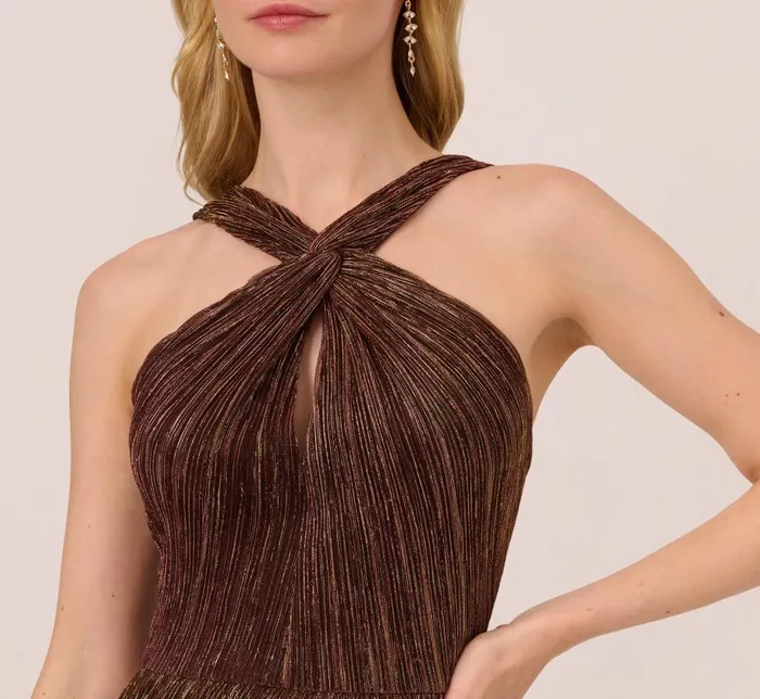 Long Dresses Womens Adrianna Papell Metallic Knit Halter Midi Dress With Wrap Skirt In Copper