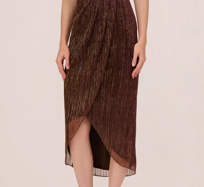 Long Dresses Womens Adrianna Papell Metallic Knit Halter Midi Dress With Wrap Skirt In Copper