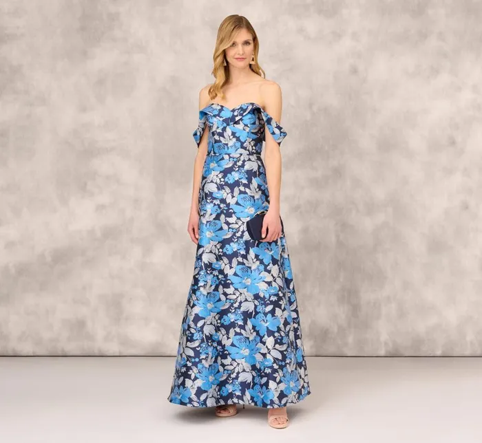 Long Dresses Womens Adrianna Papell Off The Shoulder Floral Jacquard Gown In Blue Multi