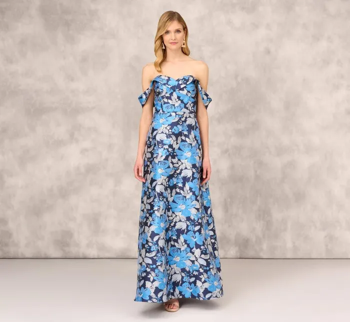 Long Dresses Womens Adrianna Papell Off The Shoulder Floral Jacquard Gown In Blue Multi
