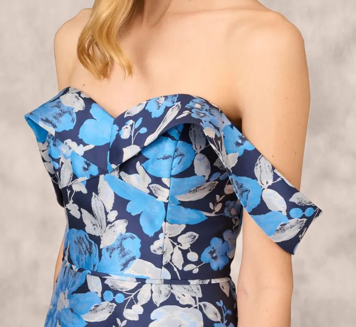 Long Dresses Womens Adrianna Papell Off The Shoulder Floral Jacquard Gown In Blue Multi