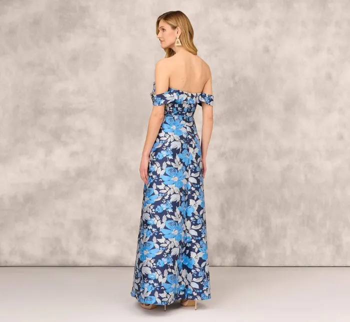 Long Dresses Womens Adrianna Papell Off The Shoulder Floral Jacquard Gown In Blue Multi
