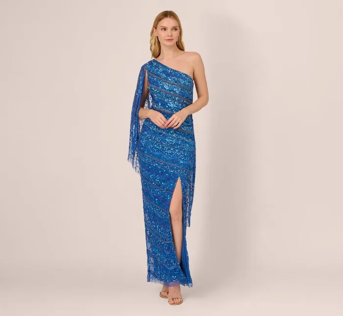 Long Dresses Womens Adrianna Papell One Shoulder Beaded Column Gown With Draped Sleeve In Blue Horizon