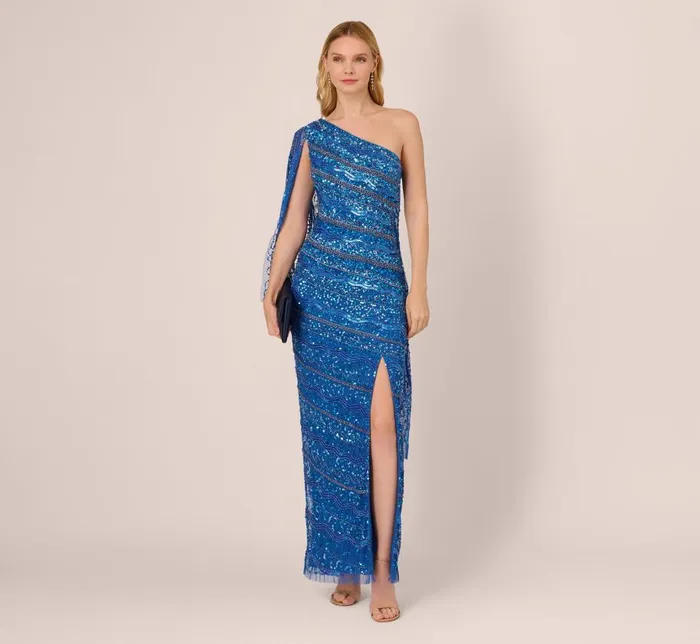 Long Dresses Womens Adrianna Papell One Shoulder Beaded Column Gown With Draped Sleeve In Blue Horizon