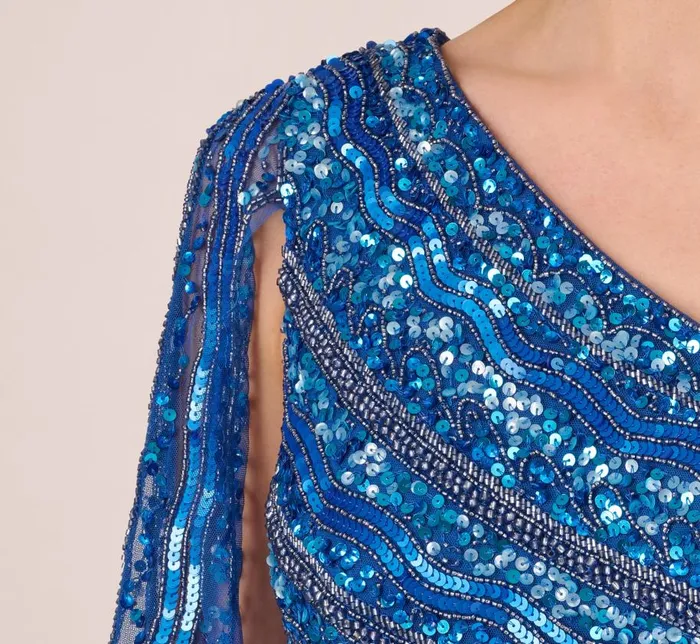 Long Dresses Womens Adrianna Papell One Shoulder Beaded Column Gown With Draped Sleeve In Blue Horizon