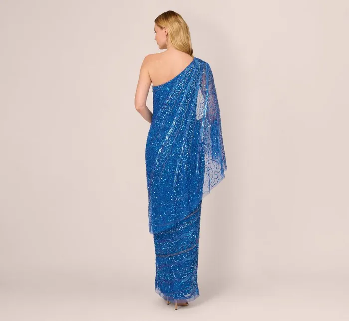 Long Dresses Womens Adrianna Papell One Shoulder Beaded Column Gown With Draped Sleeve In Blue Horizon