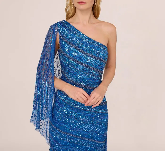 Long Dresses Womens Adrianna Papell One Shoulder Beaded Column Gown With Draped Sleeve In Blue Horizon