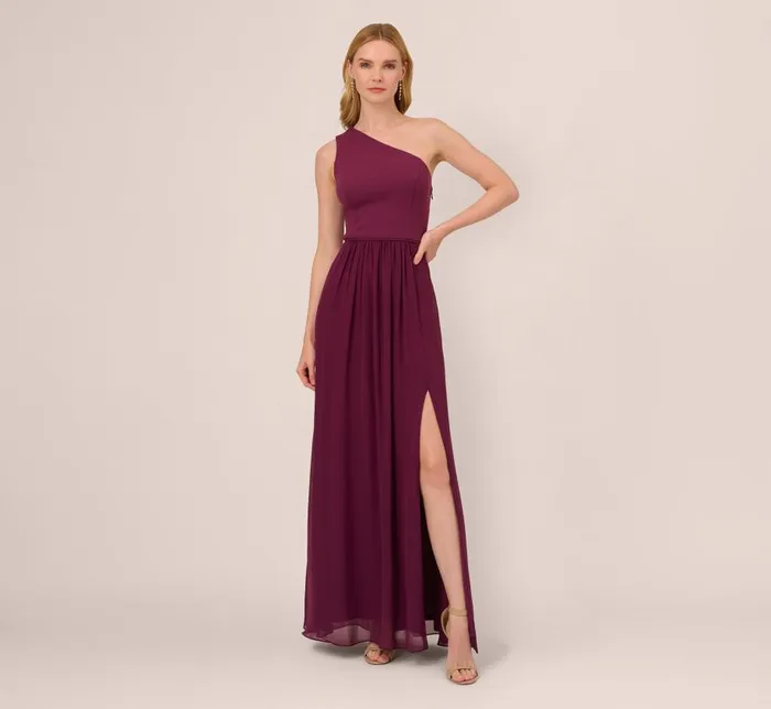 Long Dresses Womens Adrianna Papell OneShoulder Chiffon Long Gown In Cassis