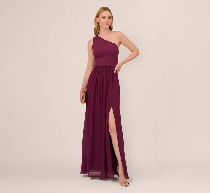 Long Dresses Womens Adrianna Papell OneShoulder Chiffon Long Gown In Cassis