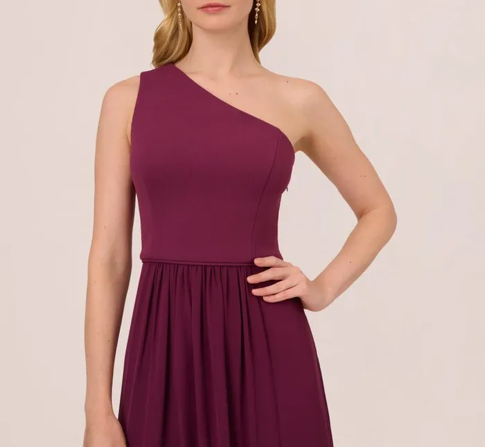 Long Dresses Womens Adrianna Papell OneShoulder Chiffon Long Gown In Cassis