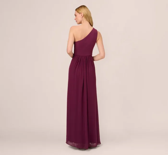 Long Dresses Womens Adrianna Papell OneShoulder Chiffon Long Gown In Cassis
