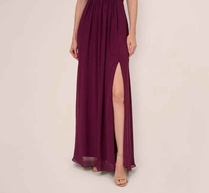 Long Dresses Womens Adrianna Papell OneShoulder Chiffon Long Gown In Cassis