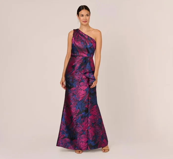 Long Dresses Womens Adrianna Papell One Shoulder Jacquard Mermaid Gown With Drape Detail In Navy Orchid