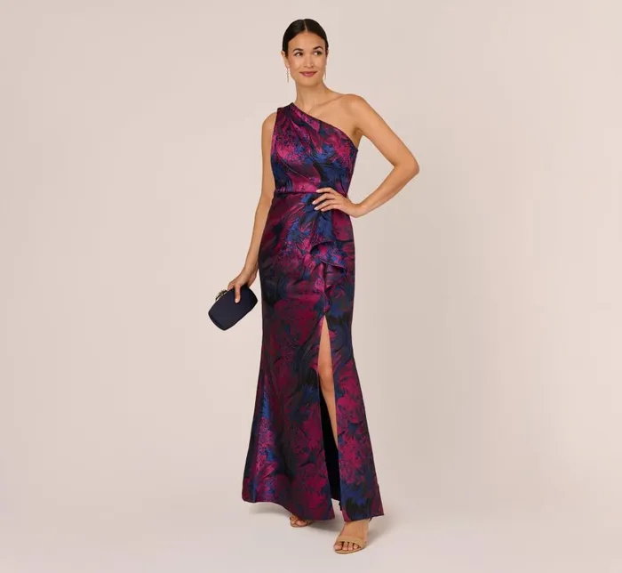 Long Dresses Womens Adrianna Papell One Shoulder Jacquard Mermaid Gown With Drape Detail In Navy Orchid