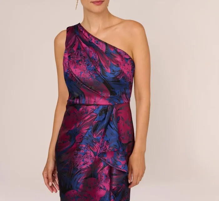Long Dresses Womens Adrianna Papell One Shoulder Jacquard Mermaid Gown With Drape Detail In Navy Orchid