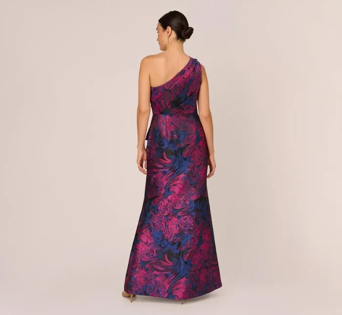 Long Dresses Womens Adrianna Papell One Shoulder Jacquard Mermaid Gown With Drape Detail In Navy Orchid