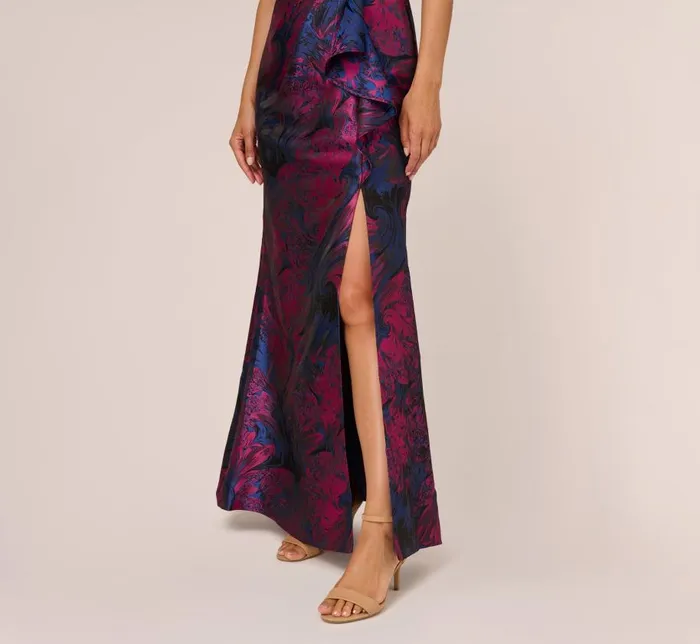 Long Dresses Womens Adrianna Papell One Shoulder Jacquard Mermaid Gown With Drape Detail In Navy Orchid
