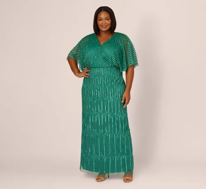 Long Dresses Womens Adrianna Papell Plus Size HandBeaded Illusion Long Column Blouson Gown In Jungle Green