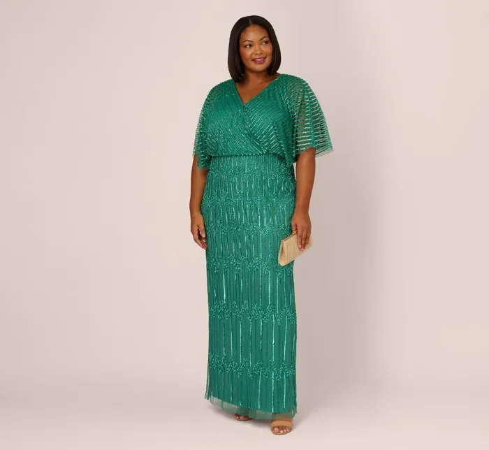 Long Dresses Womens Adrianna Papell Plus Size HandBeaded Illusion Long Column Blouson Gown In Jungle Green