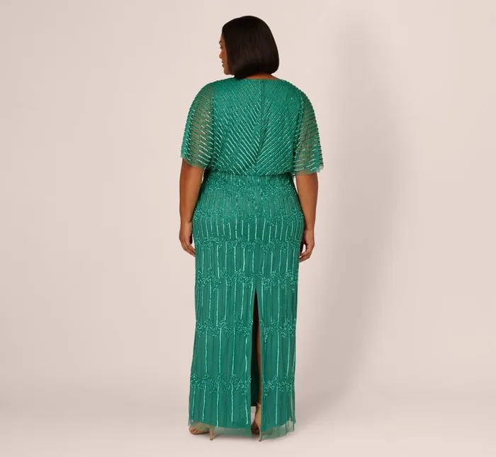 Long Dresses Womens Adrianna Papell Plus Size HandBeaded Illusion Long Column Blouson Gown In Jungle Green