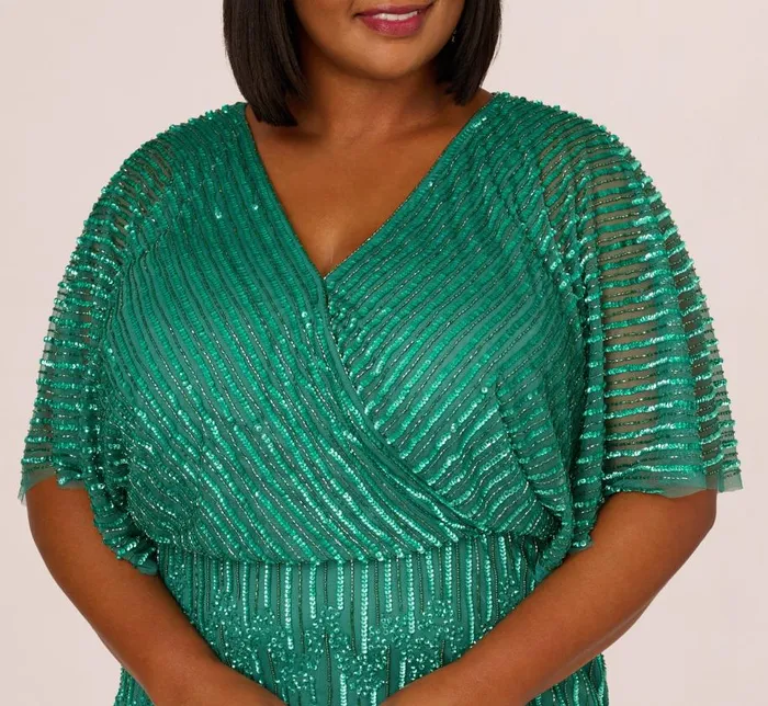 Long Dresses Womens Adrianna Papell Plus Size HandBeaded Illusion Long Column Blouson Gown In Jungle Green