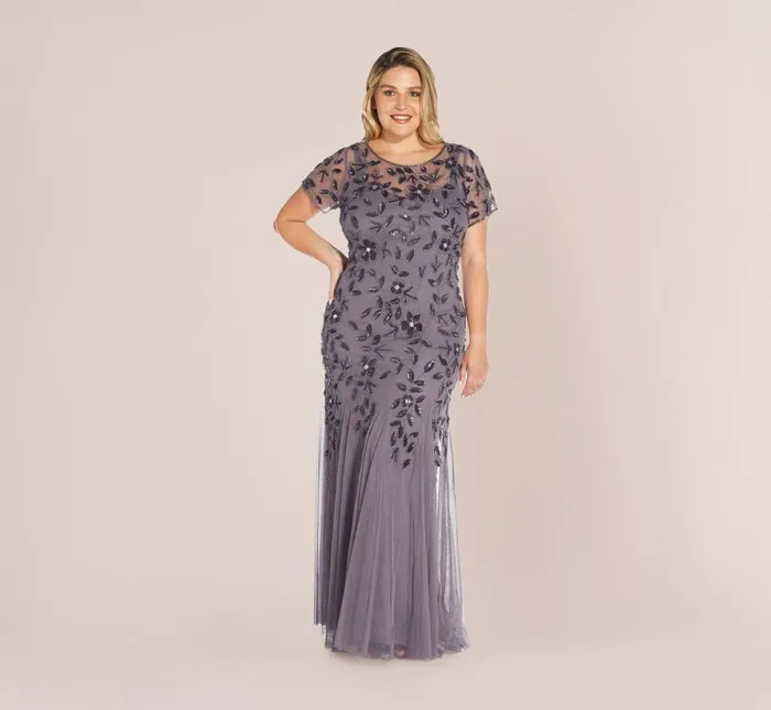 Long Dresses Womens Adrianna Papell Plus Size Hand Beaded Short Sleeve Floral Godet Gown In Moonscape