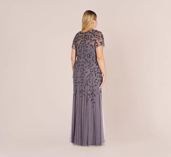Long Dresses Womens Adrianna Papell Plus Size Hand Beaded Short Sleeve Floral Godet Gown In Moonscape