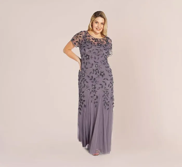 Long Dresses Womens Adrianna Papell Plus Size Hand Beaded Short Sleeve Floral Godet Gown In Moonscape