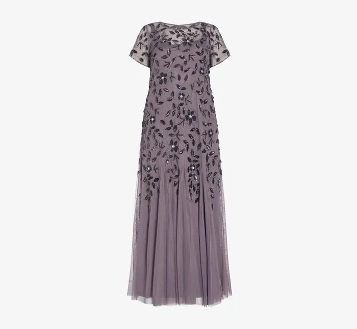 Long Dresses Womens Adrianna Papell Plus Size Hand Beaded Short Sleeve Floral Godet Gown In Moonscape