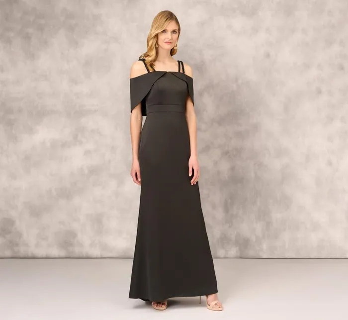 Long Dresses Womens Adrianna Papell Satin Crepe Column Gown With Beaded Double Strap Details In Black
