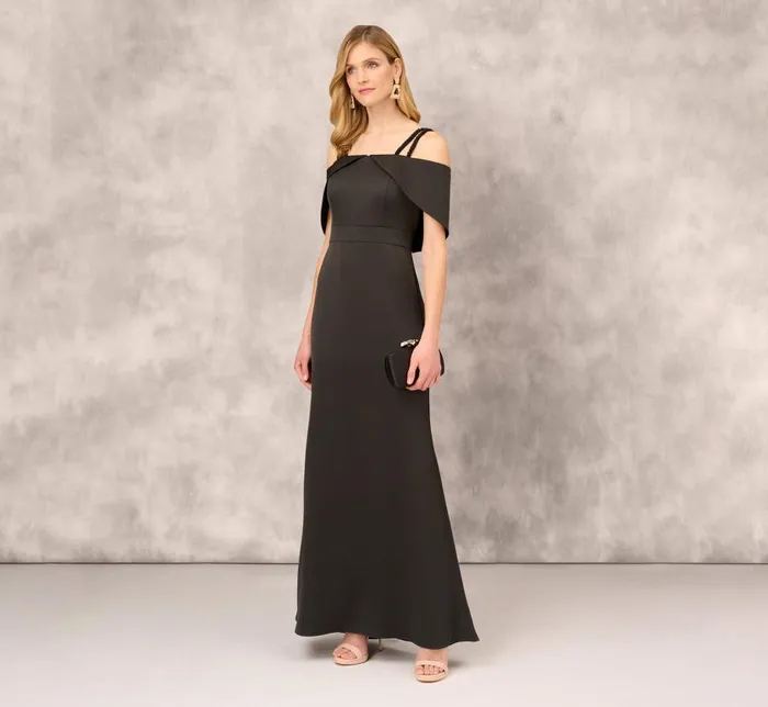 Long Dresses Womens Adrianna Papell Satin Crepe Column Gown With Beaded Double Strap Details In Black