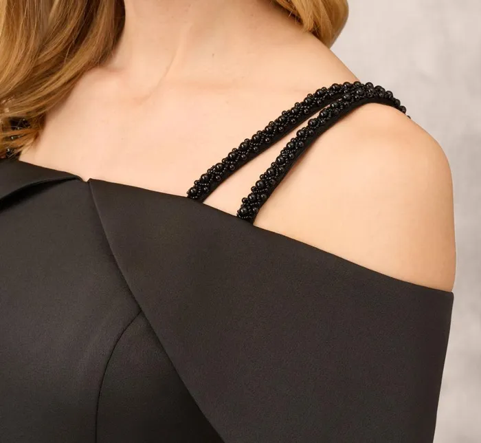 Long Dresses Womens Adrianna Papell Satin Crepe Column Gown With Beaded Double Strap Details In Black