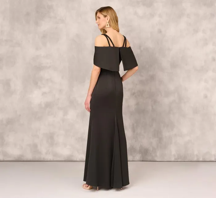 Long Dresses Womens Adrianna Papell Satin Crepe Column Gown With Beaded Double Strap Details In Black