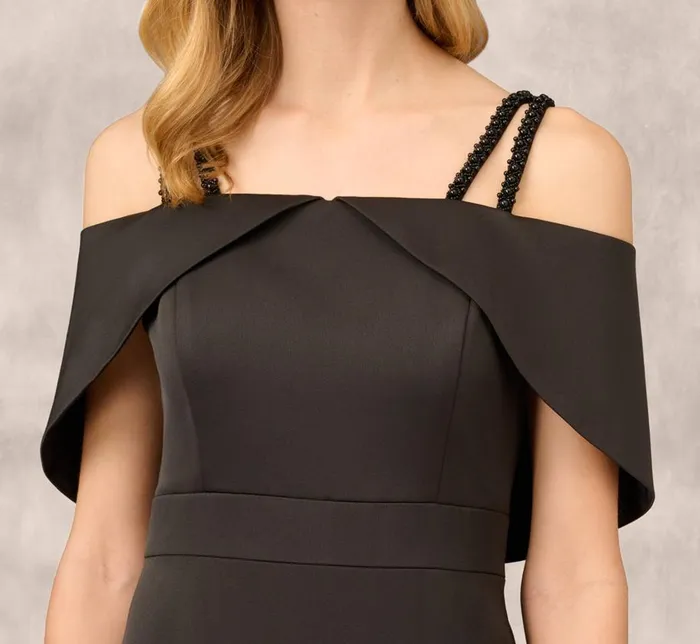 Long Dresses Womens Adrianna Papell Satin Crepe Column Gown With Beaded Double Strap Details In Black