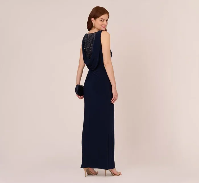 Long Dresses Womens Adrianna Papell Sleeveless Jersey Gown With Embellished Lace Cowl Back In Midnight