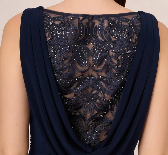 Long Dresses Womens Adrianna Papell Sleeveless Jersey Gown With Embellished Lace Cowl Back In Midnight