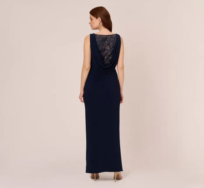 Long Dresses Womens Adrianna Papell Sleeveless Jersey Gown With Embellished Lace Cowl Back In Midnight